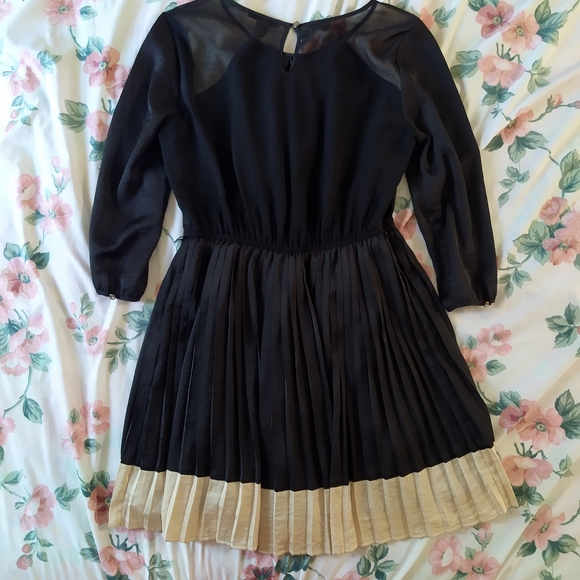 Pleated Colorblock Black Long Sleeve Dress - Picture 7 of 7